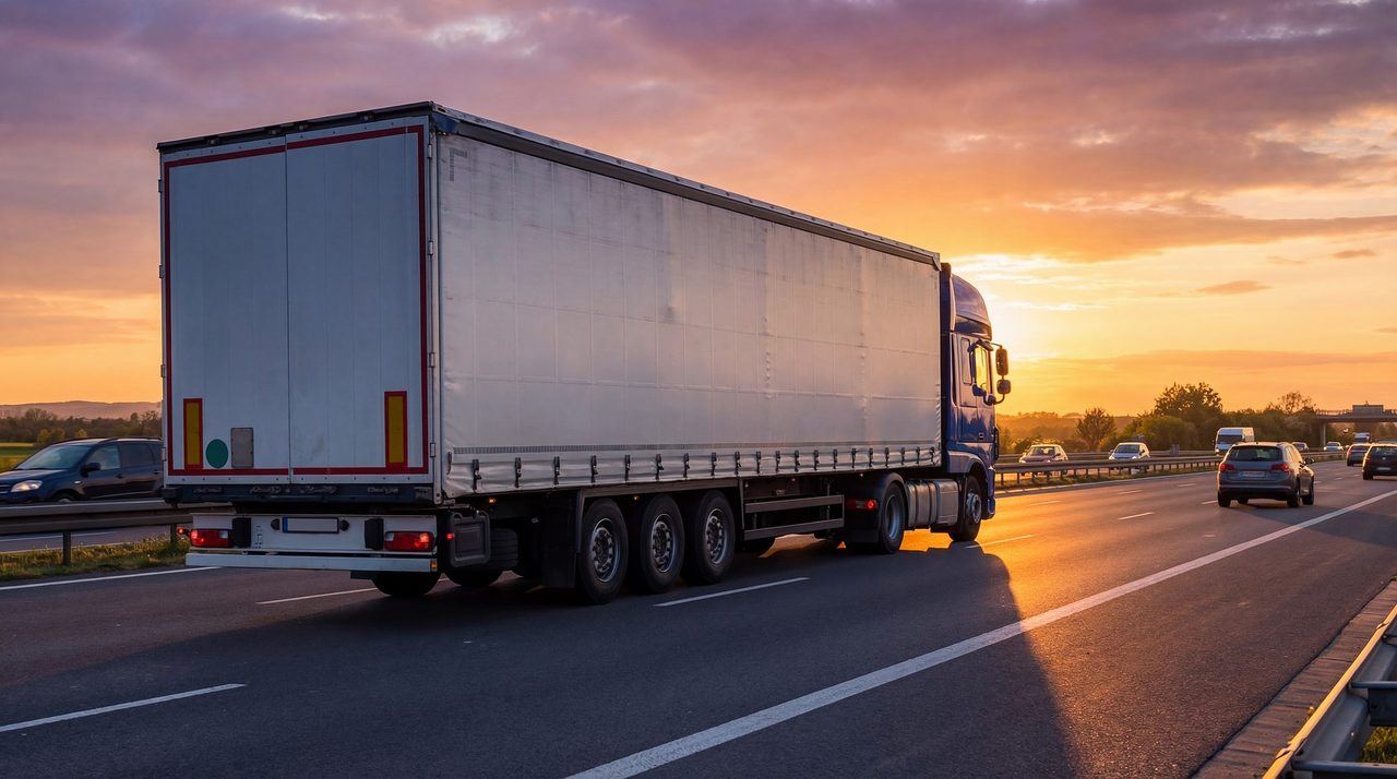 Dry van semi truck running freight on the highway