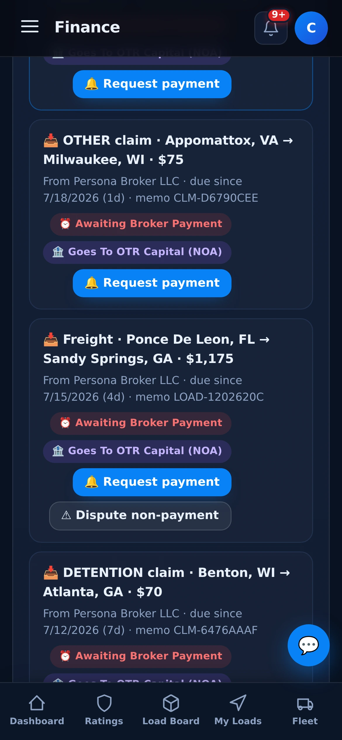 A driver-assist claim as a DUE receivable — $75 for a two-hour hand-unload, dock photos attached