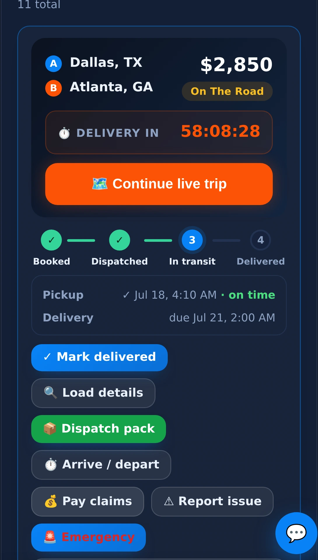 The trip card — the red Emergency button lives beside pay claims and report issue