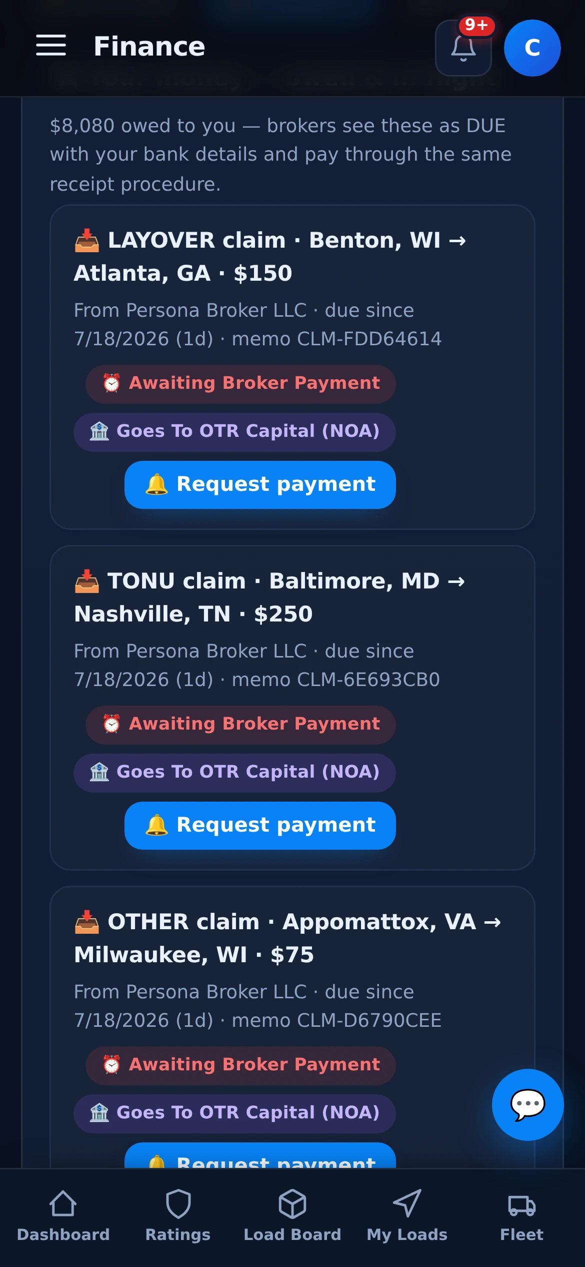 A layover claim as a DUE receivable — $150 with memo, deadline and factor routing
