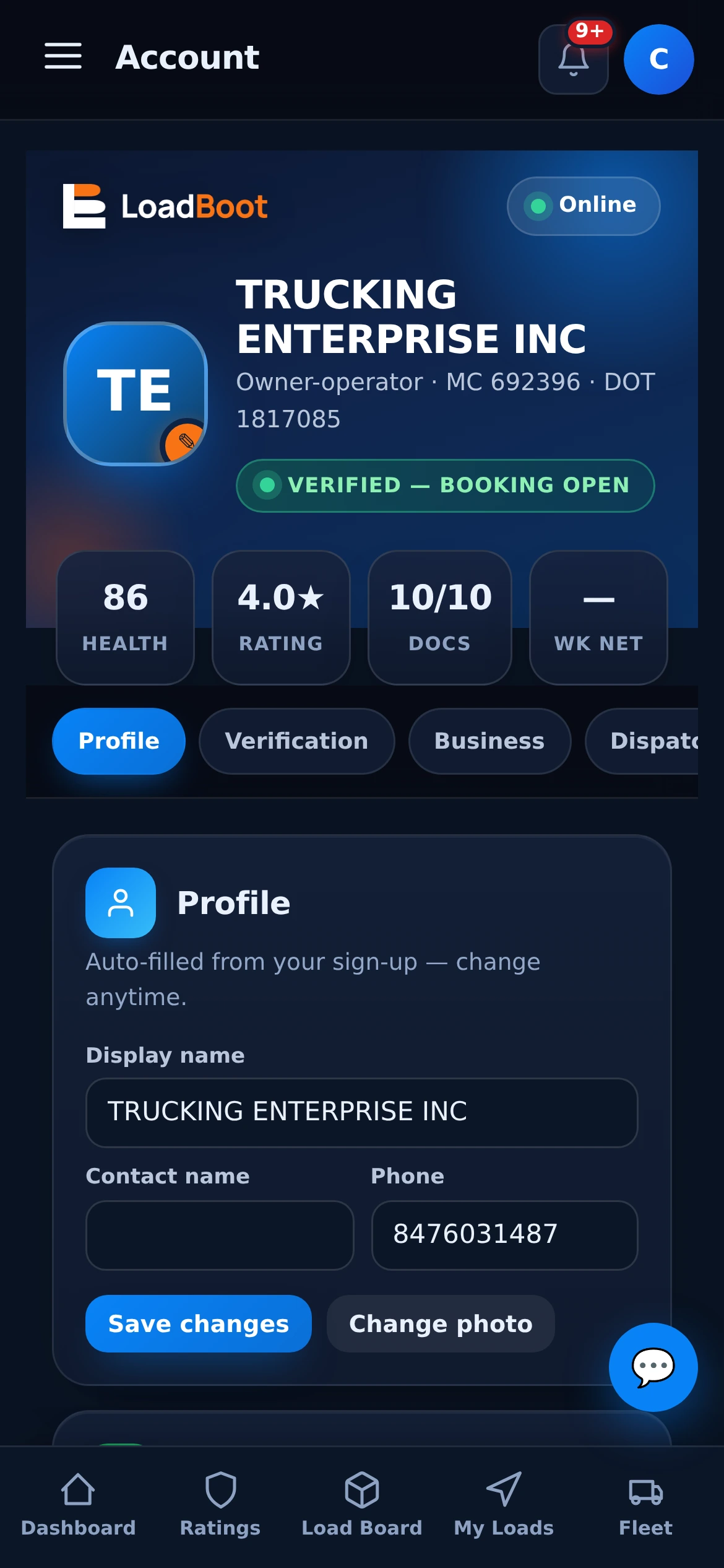Verified account profile — MC/DOT, health score, booking open