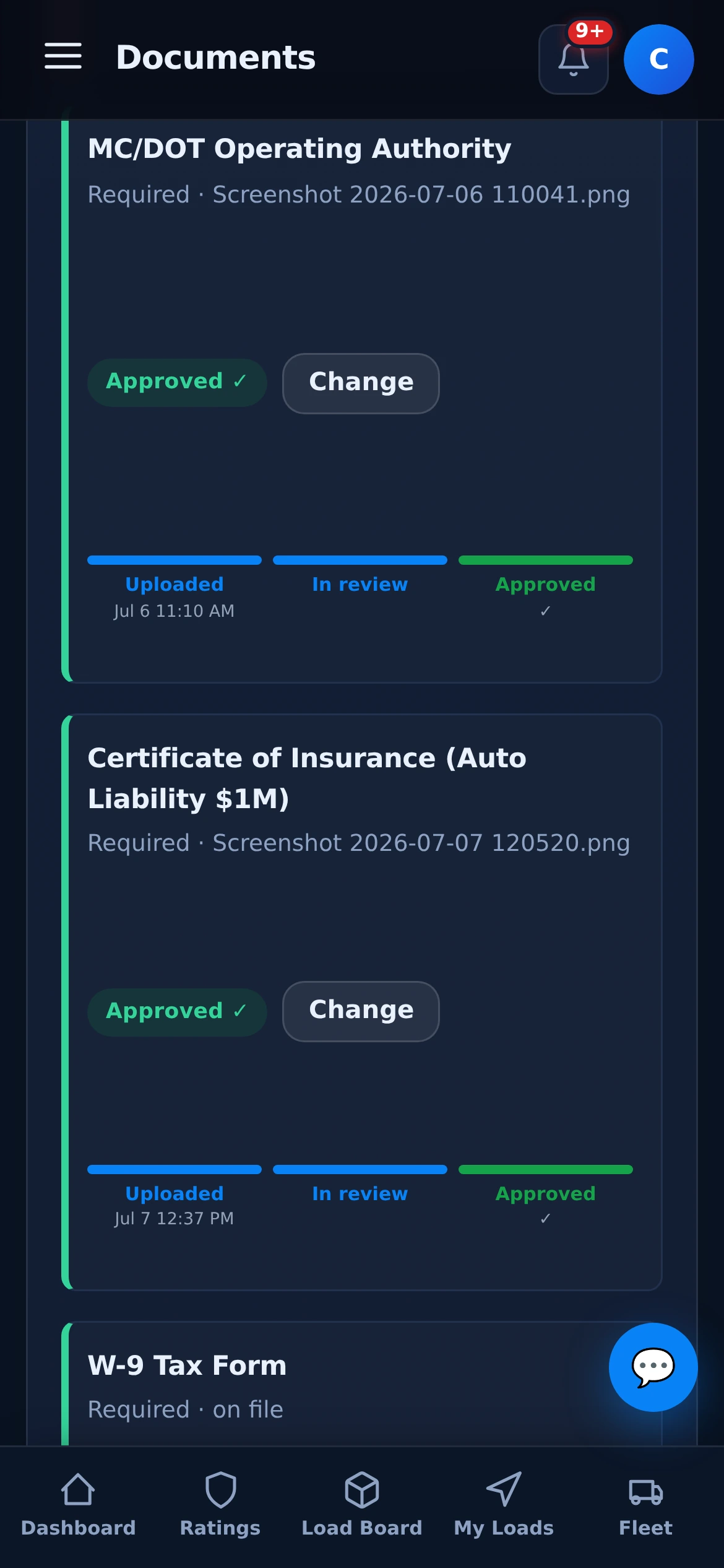 Document vault — authority and COI approved on visible trackers