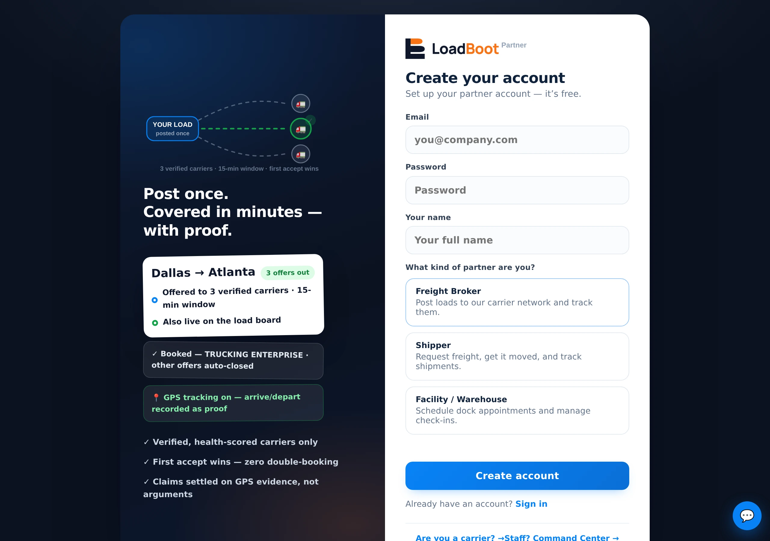 Partner signup — choose Shipper to request freight and track shipments