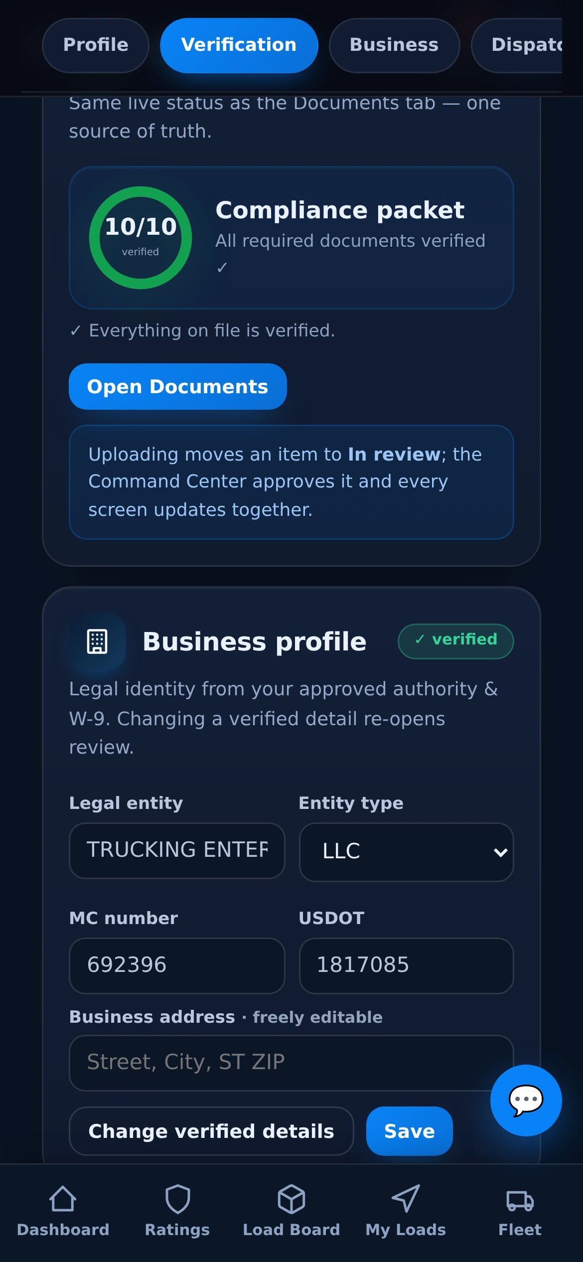 Compliance packet — 10/10 documents verified, business profile locked from approved authority