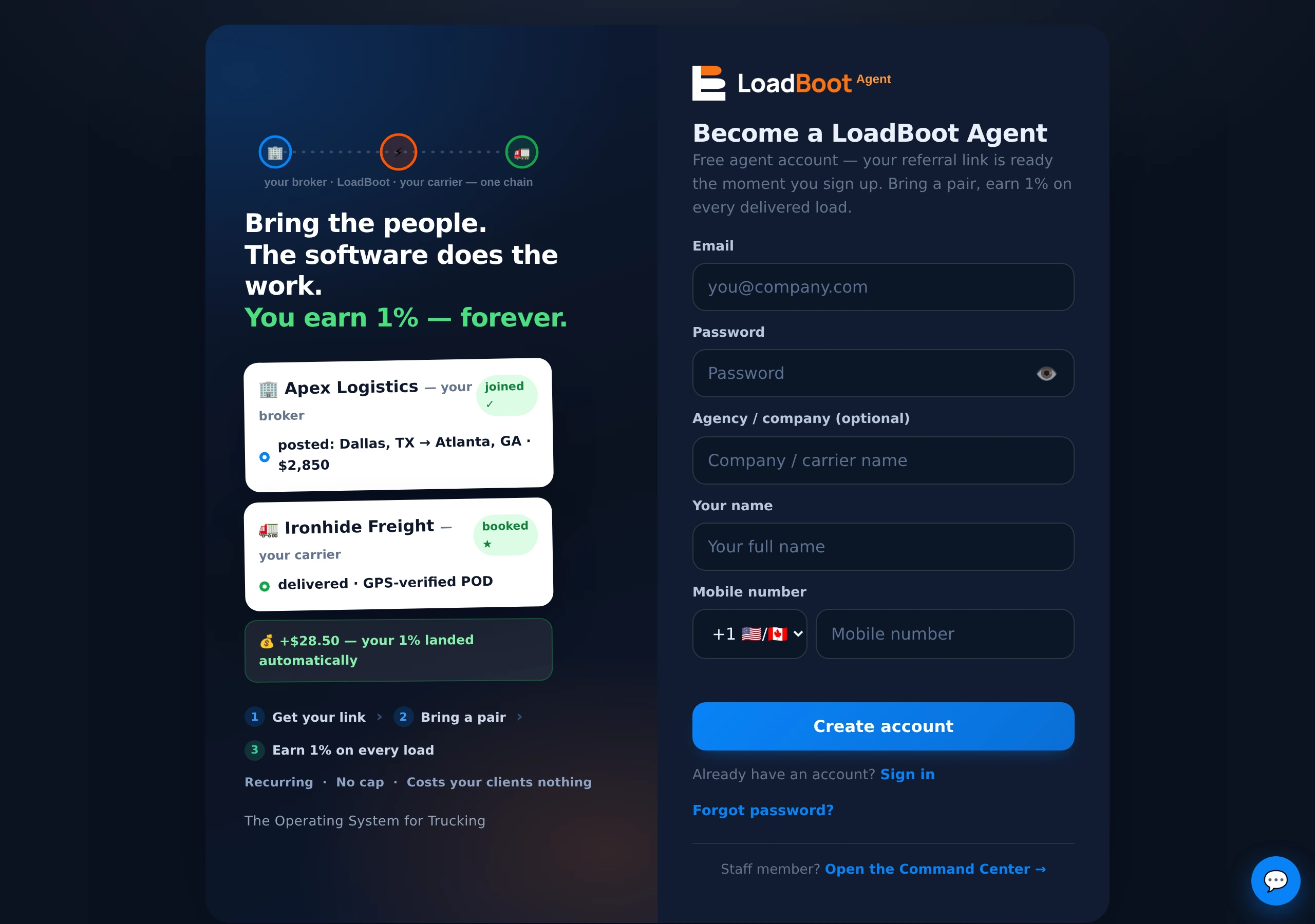 Agent portal signup — free account with your referral link ready the moment you sign up