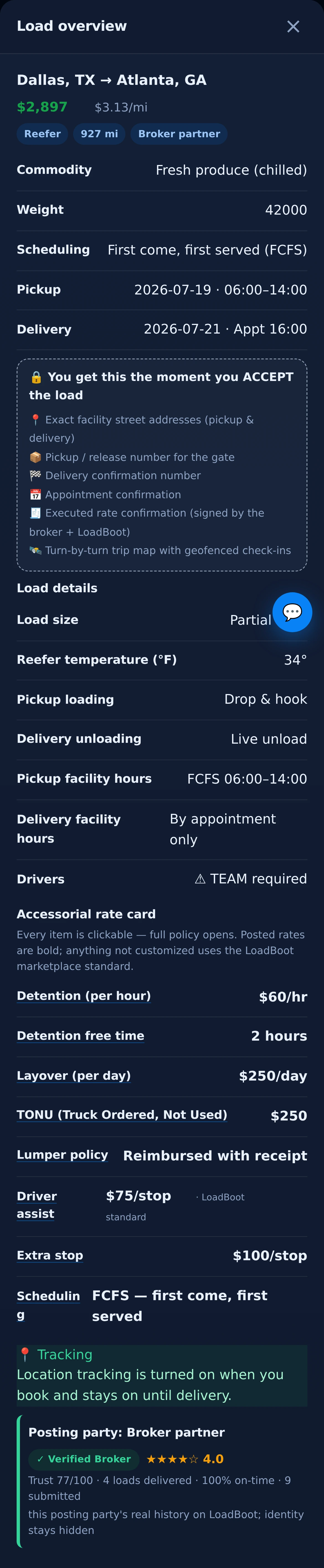 LoadBoot load card details — rate card, stops, dock hours, cargo value