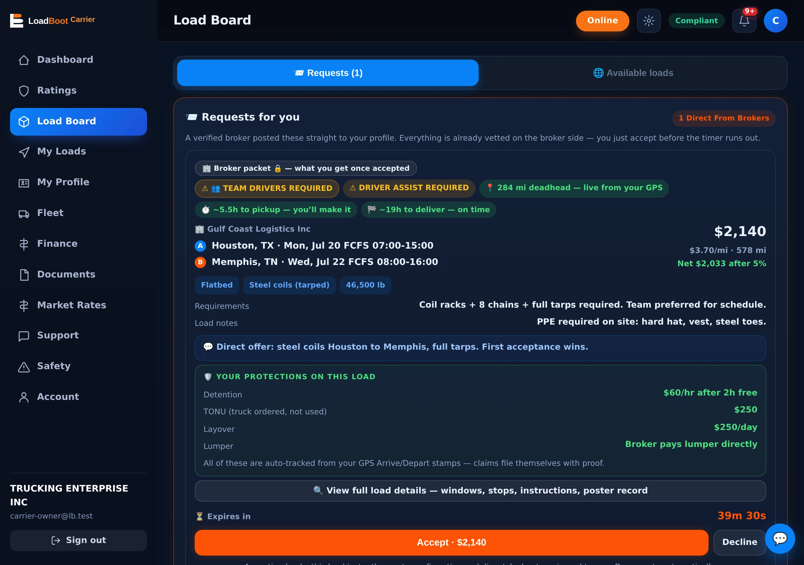 Direct load offer with live countdown — accept books instantly on LoadBoot