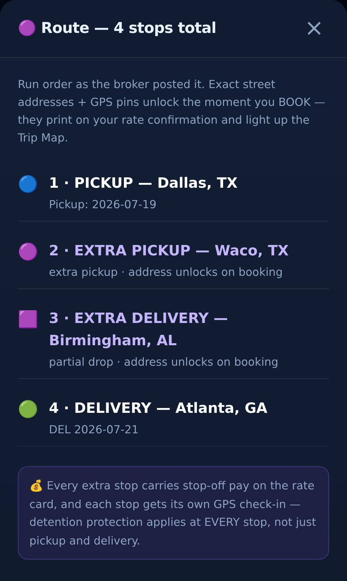 Multi-stop route modal — city, state and purpose per stop before booking
