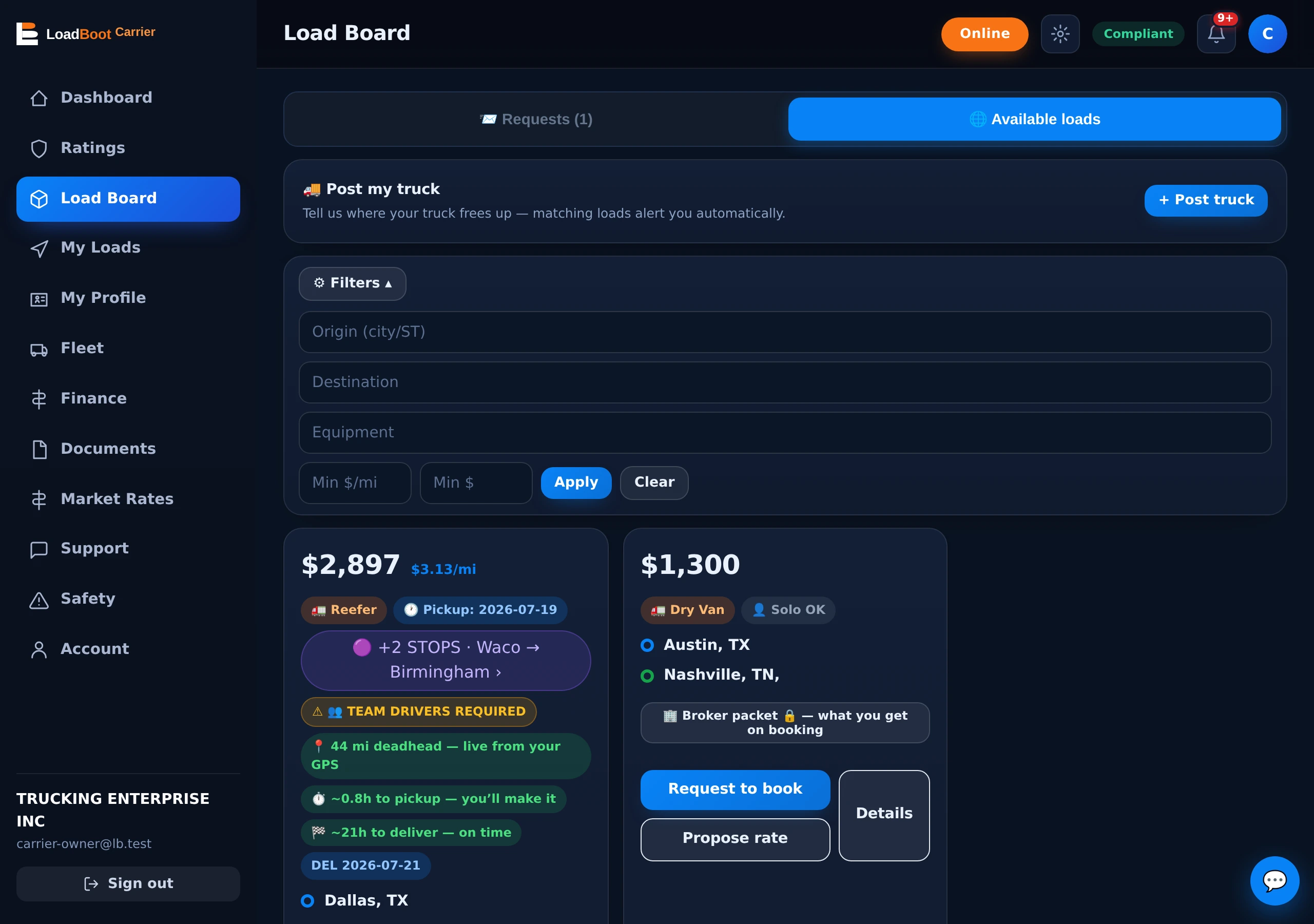 LoadBoot live load board — available truck loads with instant filters