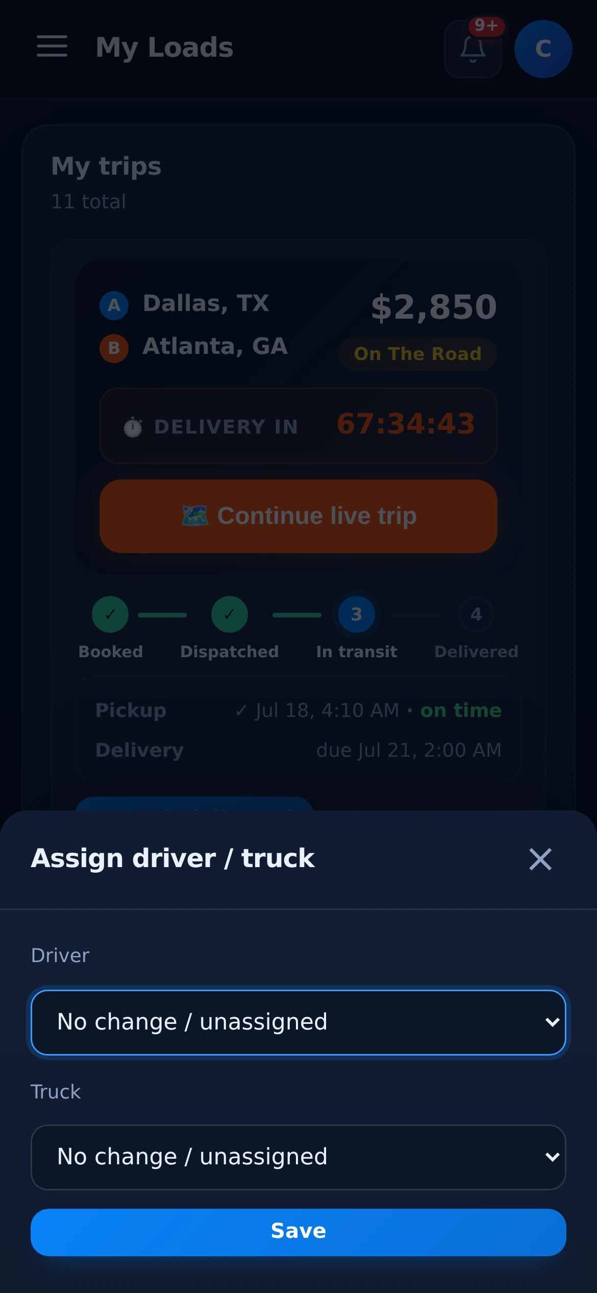 Assign driver and truck to a booked load in two taps