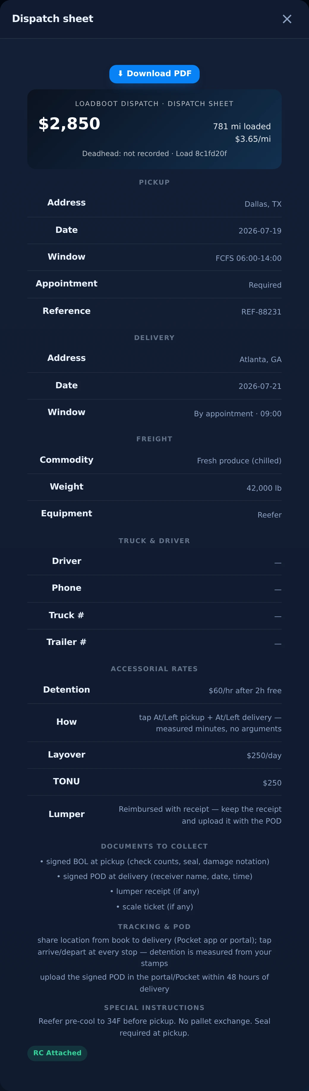 Auto-generated dispatch sheet — stops, rates, documents to collect