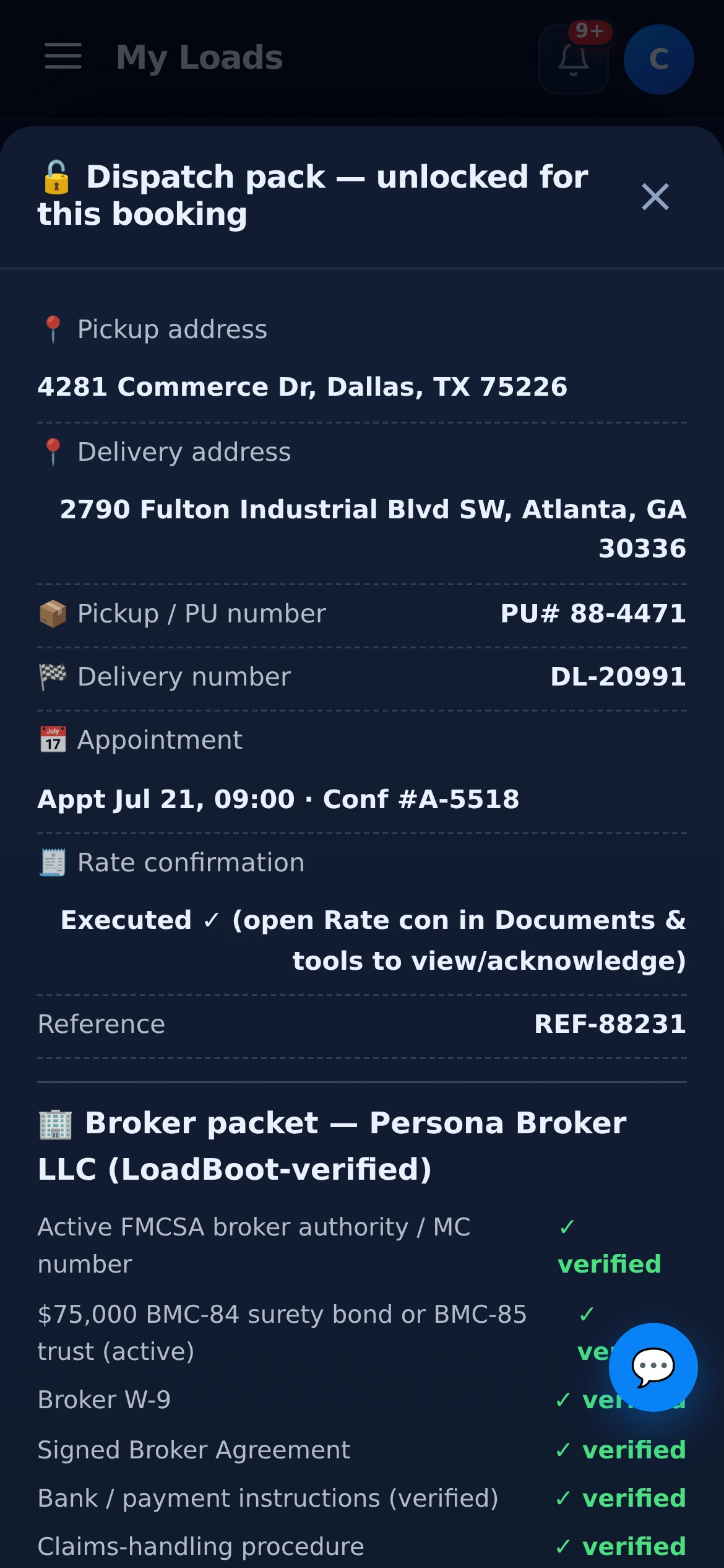 LoadBoot booking packet unlocked — exact addresses, PU number, appointment confirmation