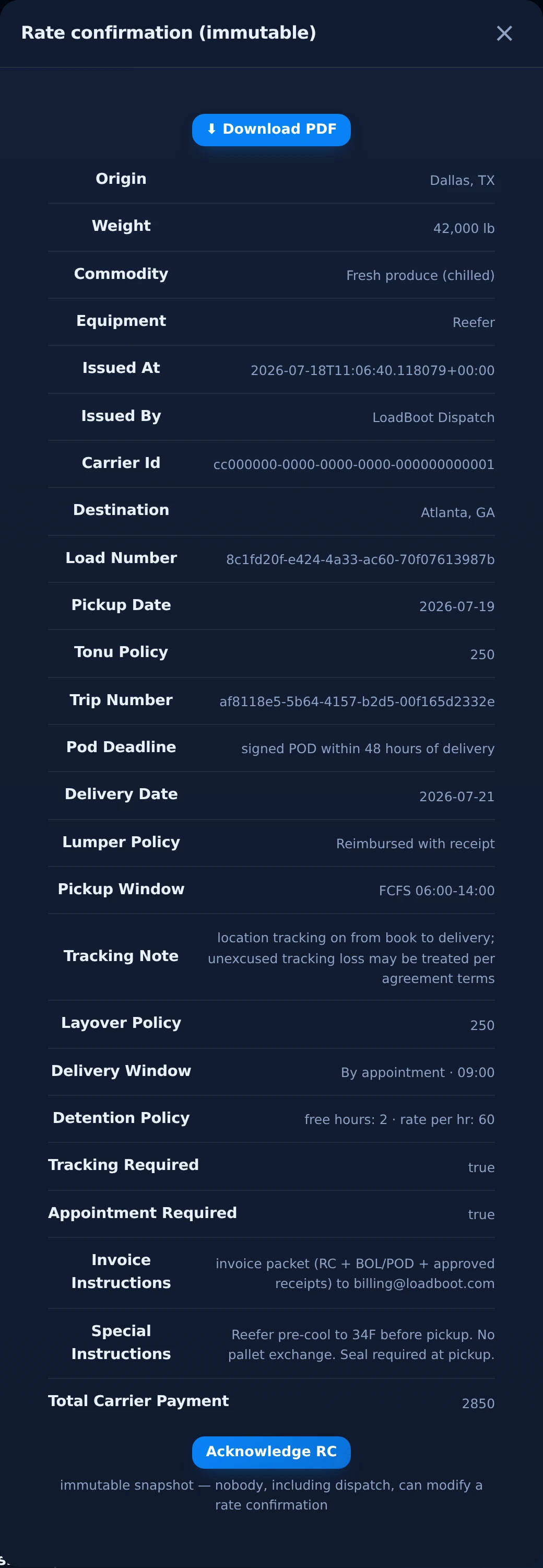Immutable rate confirmation issued instantly on booking