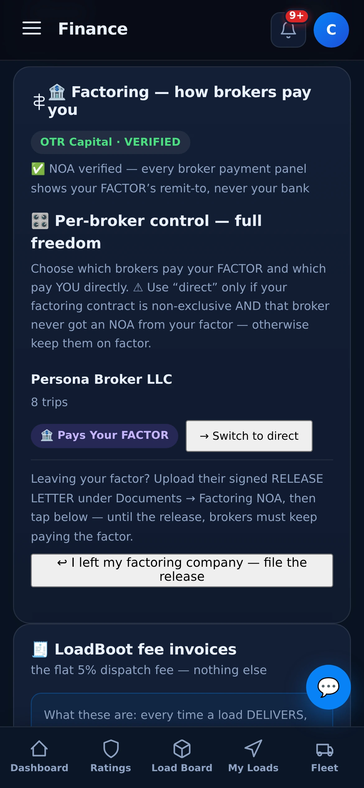 Carrier factoring controls — NOA verified, per-broker factor/direct routing, release flow