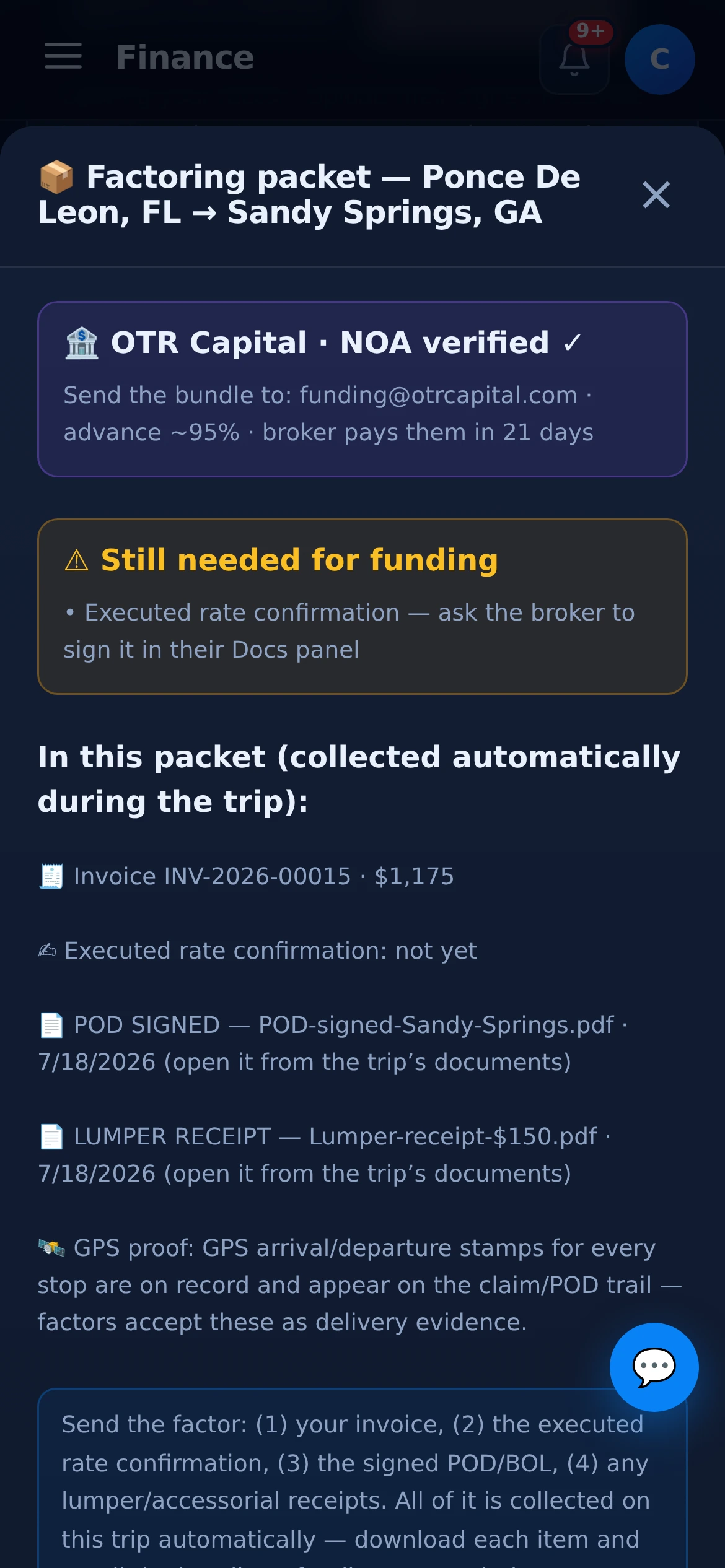 Factoring packet — invoice, signed POD, lumper receipt, GPS proof and a missing-items checklist