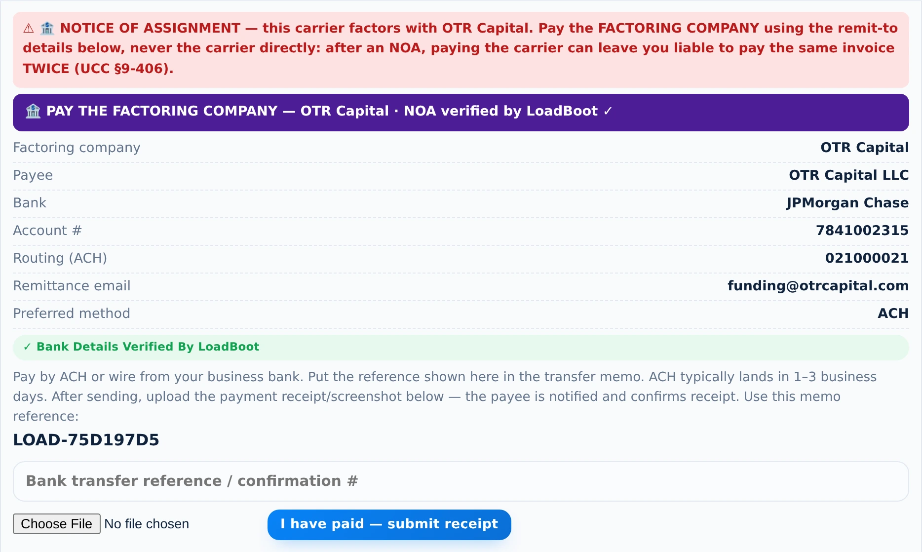 Broker pay panel for a factored carrier — NOA warning, verified factor remit-to, memo reference and receipt upload