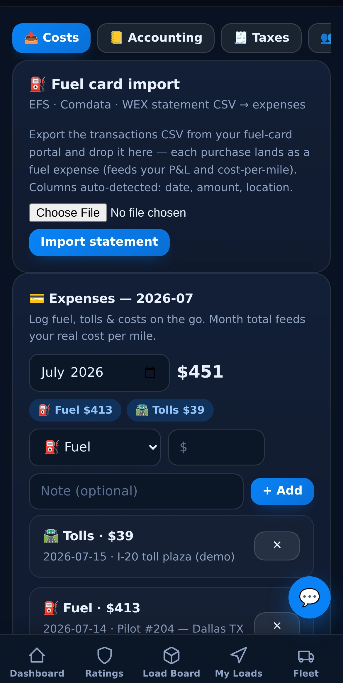 Fuel card CSV import — EFS, Comdata, WEX statements land as trip expenses