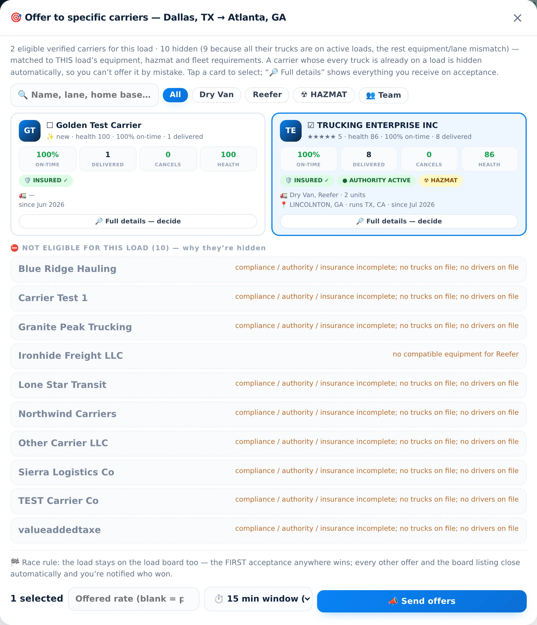 Broker offer panel — direct offers sent with live countdown