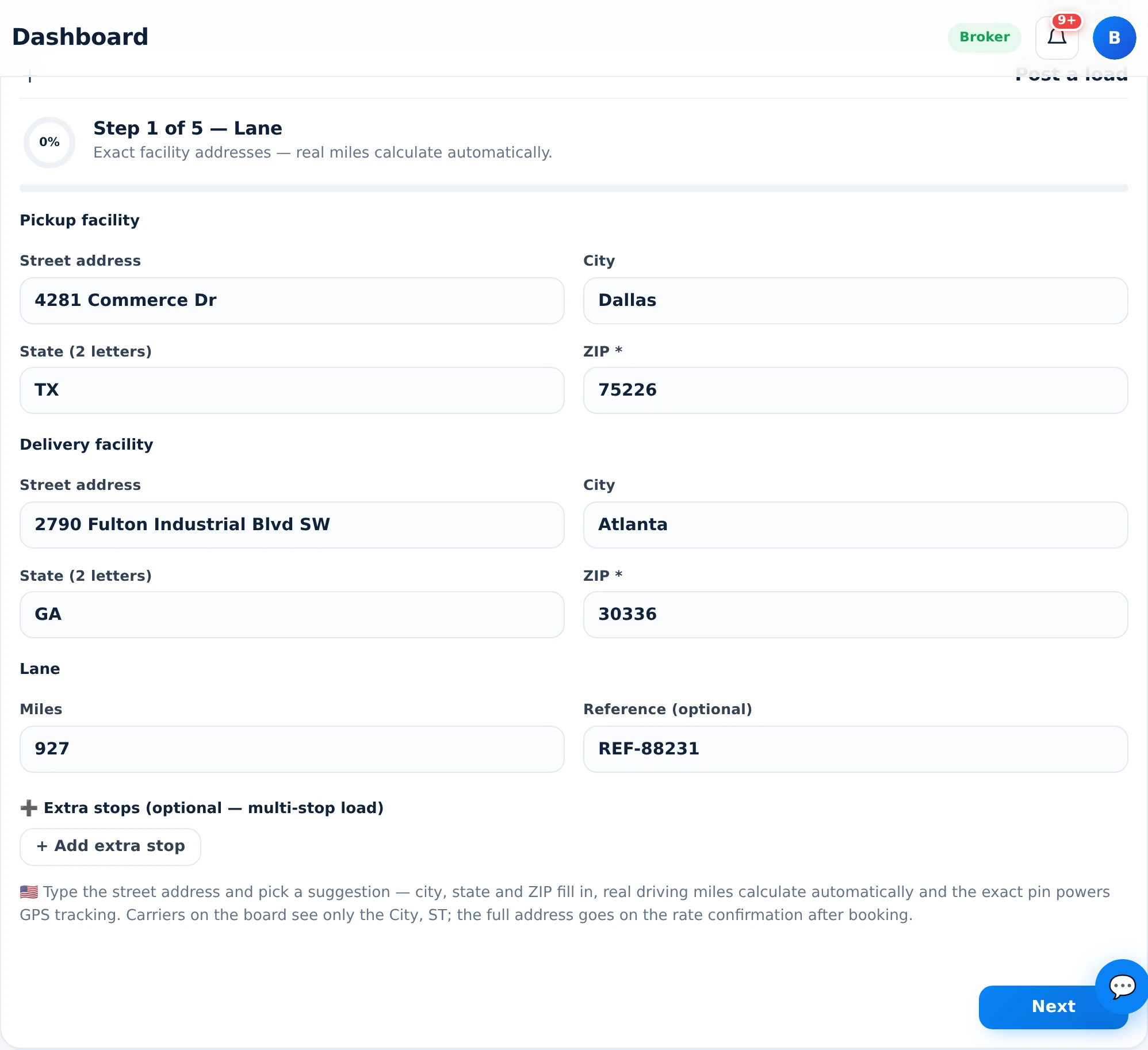 LoadBoot load posting wizard — GPS-pinned route with extra stops