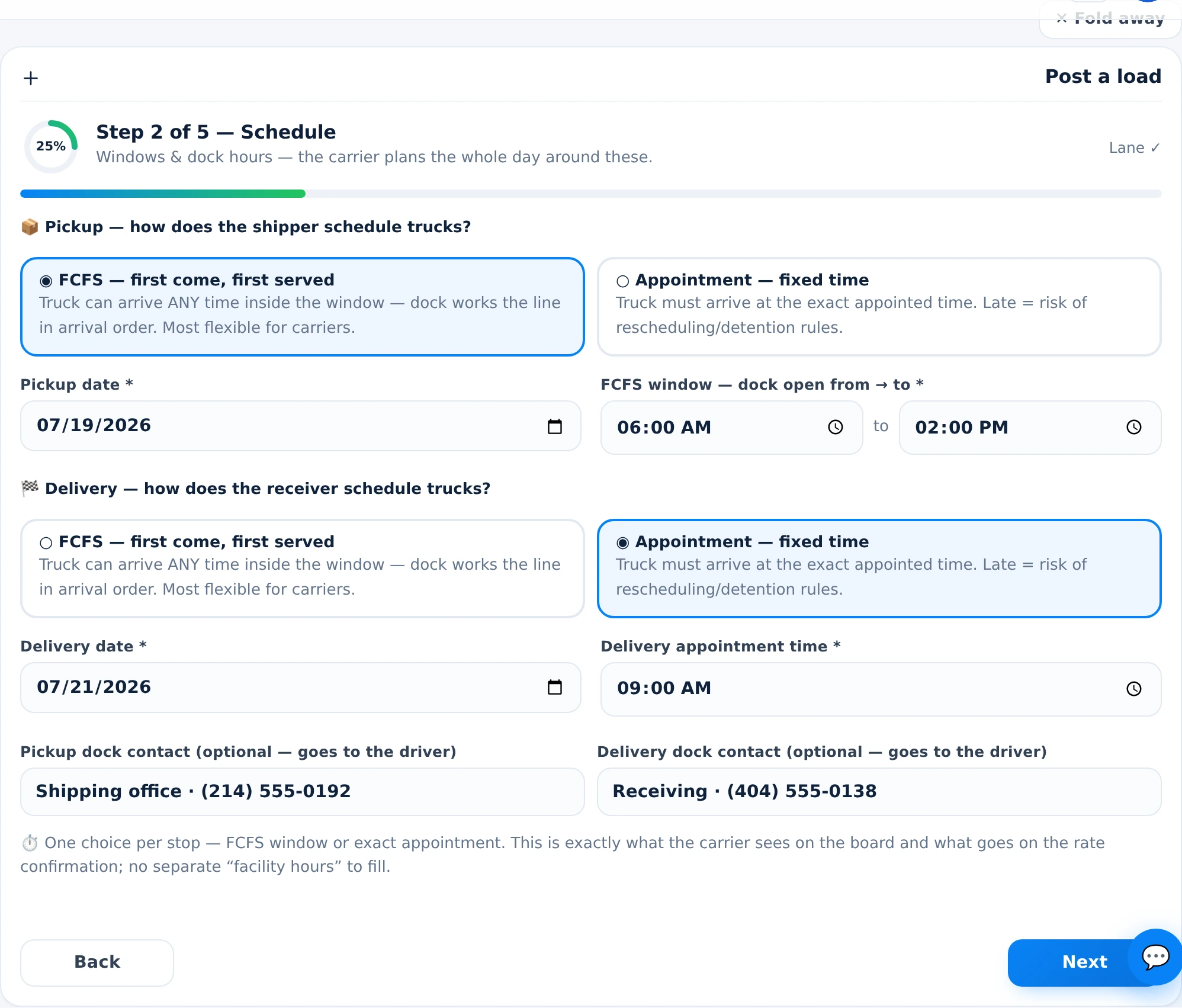 Freight scheduling — appointment windows and requirements on the posting