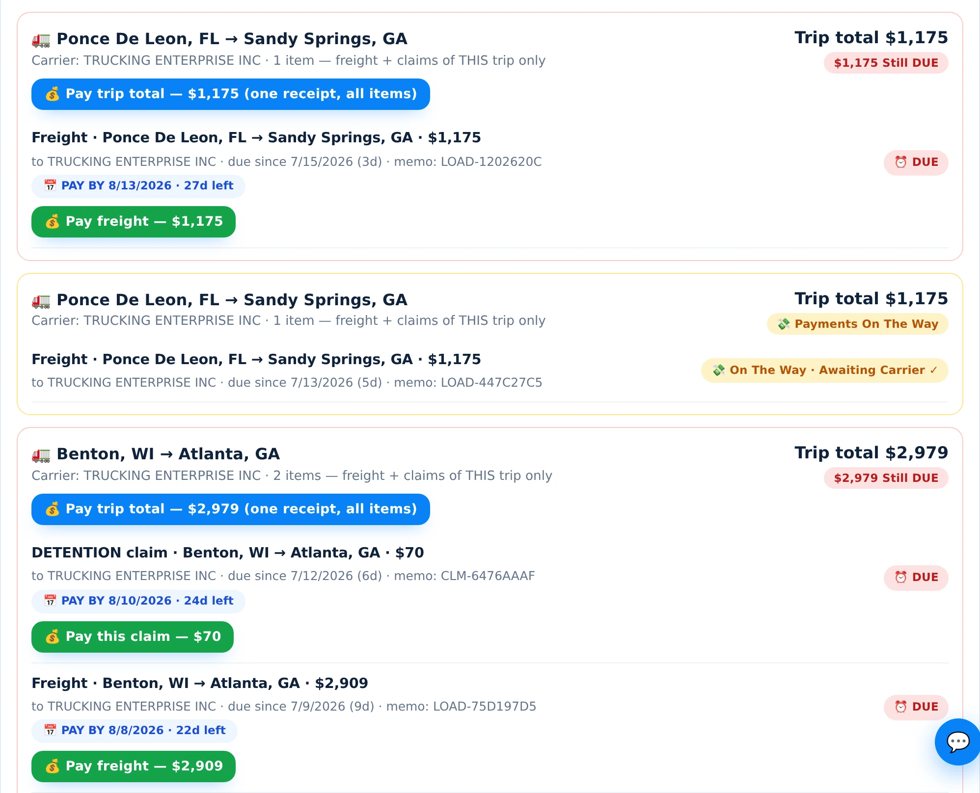 Broker payables — per-trip blocks with PAY-BY deadlines, GPS-proven claims and one-receipt settlement