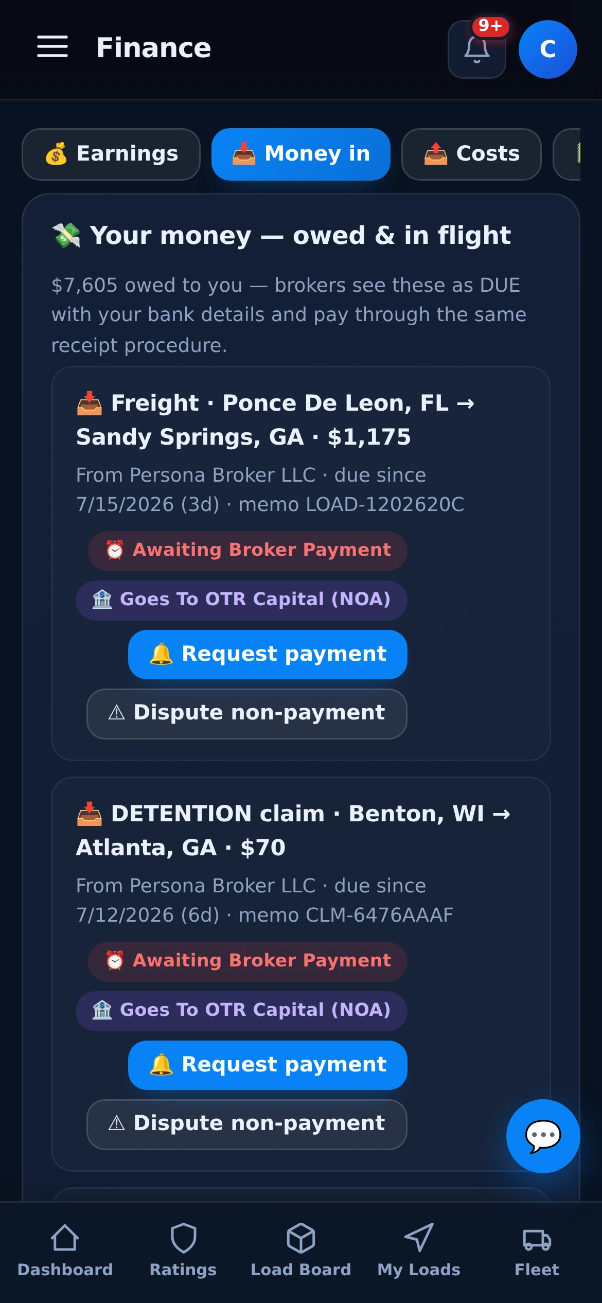 Carrier money-in view — every dollar owed with deadline, memo and payment route