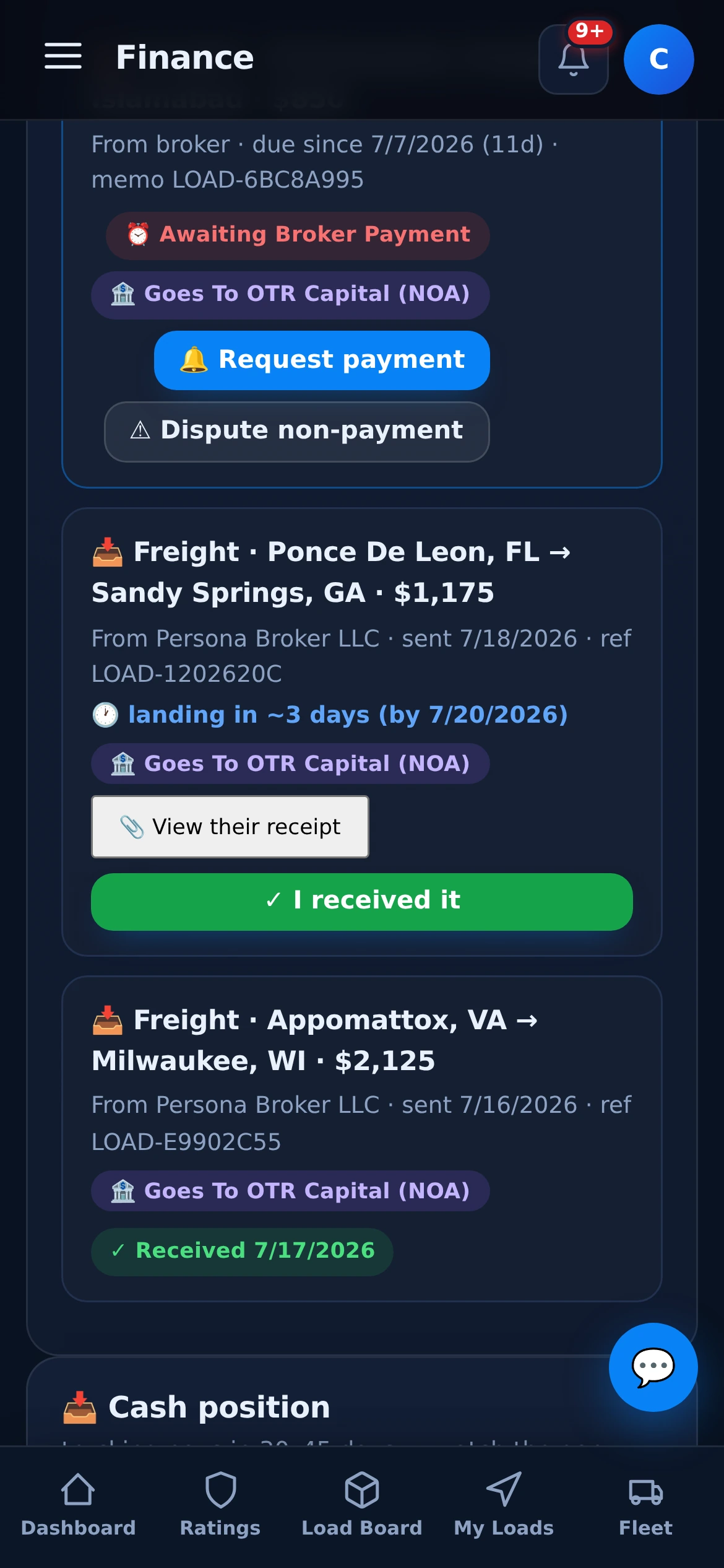 The receipt loop — payment sent with receipt attached, landing ETA, confirmed received