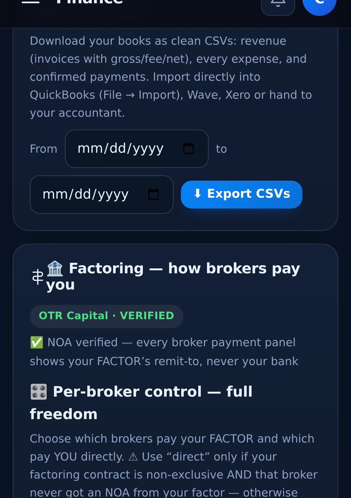 Accounting export — QuickBooks-compatible CSVs for invoices, expenses and payments with date range