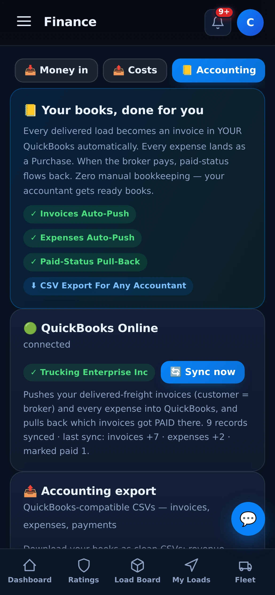 QuickBooks Online connected — invoices auto-push, expenses auto-push, paid-status pull-back, one-tap Sync now