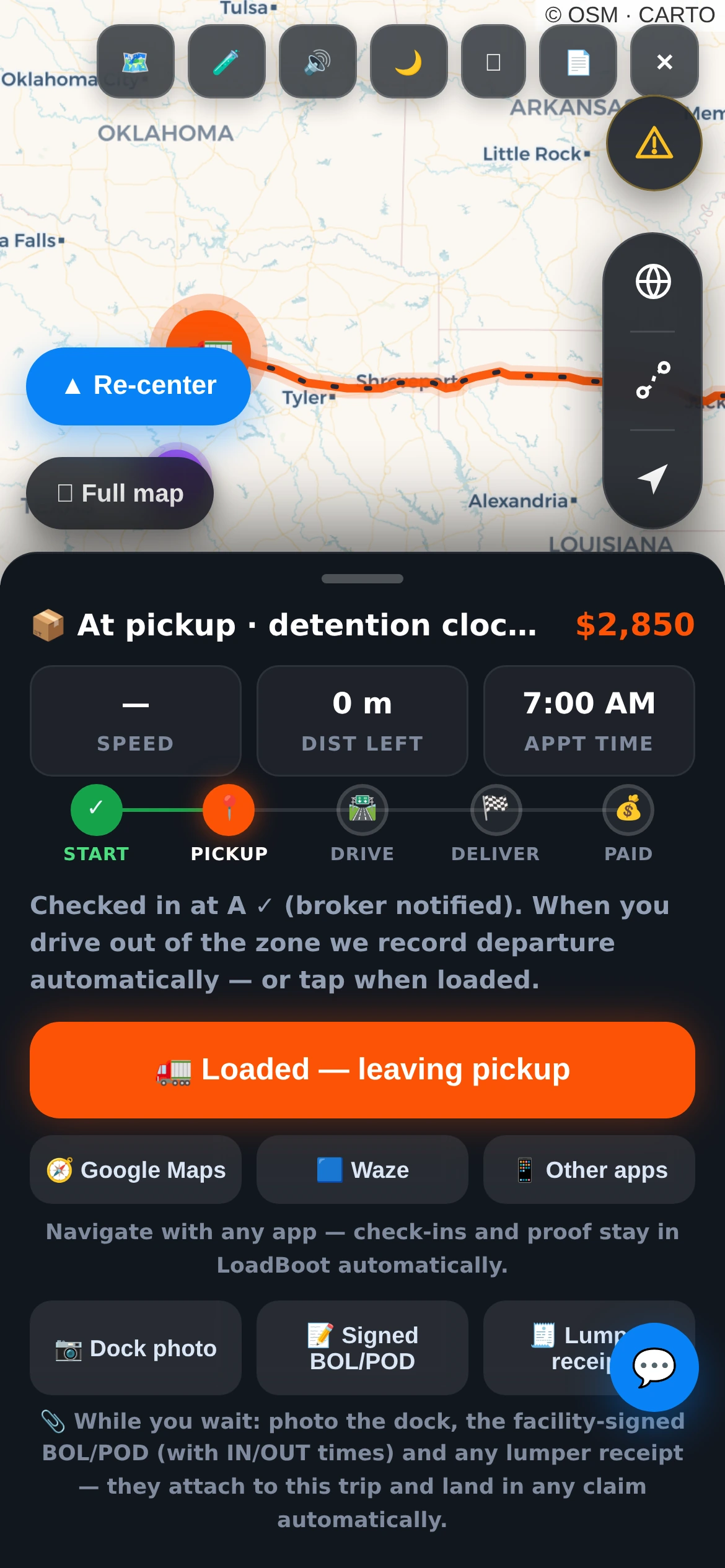 LoadBoot trip map at pickup — detention clock running, geofence checked in